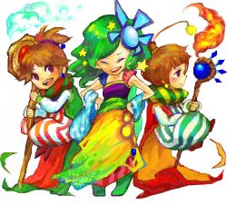 1boy 2girls ^_^ baggy_pants blue_shawl brother_and_sister brown_hair cape closed_eyes dress earrings final_fantasy final_fantasy_iv fire floating green_cape green_sash hair_ornament hands_on_own_hips holding holding_staff jewelry looking_at_viewer lowres mage_staff multicolored_dress multiple_girls open_mouth palom pants ponytail porom purple_dress purple_eyes red_cape rinne_(maxbeat) rydia_(ff4) sash shawl short_hair short_ponytail siblings sleeveless sleeveless_dress smile staff star_(symbol) star_earrings star_hair_ornament teeth twins two-sided_cape two-sided_fabric upper_teeth_only yellow_cape yellow_dress