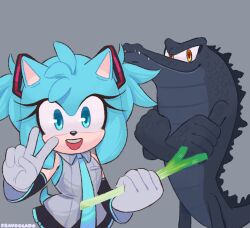 Rule 34 | 1boy, 1girl, amy rose, artist name, blue eyes, blue fur, blue necktie, cosplay, crocodile boy, crossed arms, detached sleeves, fravoccado, gloves, godzilla, godzilla (cosplay), godzilla (series), grey background, grey shirt, hair ornament, hatsune miku, hatsune miku (cosplay), hedgehog girl, highres, looking at viewer, miniskirt, necktie, open mouth, orange eyes, pleated skirt, shirt, short hair, simple background, skirt, sleeveless, sonic (series), spring onion, v, vector the crocodile, vocaloid, white gloves
