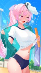 1girl :o absurdres asaka_haru123 bow breasts green_jacket hata_no_kokoro highres jacket long_hair mask medium_breasts navel noh_mask open_clothes open_jacket open_mouth outdoors pink_bow pink_eyes pink_hair shirt short_shorts shorts solo touhou white_shirt