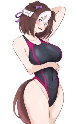 1girl alternate_costume animal_ears arm_under_breasts arm_up armpits bare_shoulders black_one-piece_swimsuit blush bow braid breasts brown_hair commentary_request competition_swimsuit covered_navel ear_bow ears_down frown hair_between_eyes half_up_braid highleg highleg_one-piece_swimsuit highres horse_ears horse_girl horse_tail large_breasts miya_nns35 multicolored_hair one-piece_swimsuit open_mouth purple_eyes short_hair simple_background solo special_week_(umamusume) streaked_hair swimsuit tail umamusume white_background white_hair