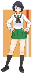 1girl black_hair blue_eyes blush_stickers breasts gundam gundam_gquuuuuux hands_on_own_hips medium_breasts mob_face no_sclera ooarai_school_uniform pleated_skirt school_uniform serafuku shiiko_sugai short_hair simple_background skirt uona_telepin white_background