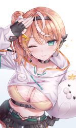 1girl :3 arm_up belt black_choker black_gloves black_shorts blue_eyes braid breasts choker cleavage closed_mouth crop_top ear_piercing earpiece earrings fang fingerless_gloves gloves hair_bun hairband highres igarashi_rika igarashi_rika_(2nd_costume) jacket jewelry large_breasts long_hair long_sleeves looking_at_viewer midriff mole mole_on_breast multicolored_hair nail_polish navel navel_piercing neit_ni_sei nijisanji one_eye_closed open_fly orange_hair orange_shirt piercing see-through_clothes see-through_jacket shirt short_shorts shorts side_ponytail simple_background single_side_bun smile solo stomach streaked_hair undershirt virtual_youtuber white_background white_jacket