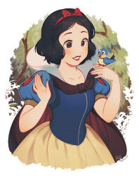1girl bird bird_on_hand black_hair bow brown_eyes cape commentary_request disney hairband kiri_futoshi puffy_short_sleeves puffy_sleeves red_lips short_sleeves signature skirt smile snow_white_(disney) snow_white_and_the_seven_dwarfs solo twitter_username yellow_skirt