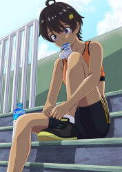 1girl ahoge bare_shoulders bike_shorts black_hair black_shoes black_shorts bottle collarbone dark-skinned_female dark_skin food-themed_hair_ornament hair_ornament knee_up ladder lemon_hair_ornament make_heroine_ga_oo_sugiru! on_ladder orange_sports_bra purple_eyes shoes short_hair short_shorts shorts sitting sports_bra squeeze_bottle thighs tying_footwear yakishio_lemon yuto_(tongu1231)