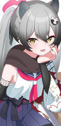 1girl absurdres animal_ears blue_archive blue_skirt brown_scarf commentary grey_hair halo highres looking_at_viewer michiru_(blue_archive) neckerchief open_mouth pink_neckerchief raccoon_ears raccoon_girl red_halo rindou_ringdong scarf shirt skirt solo thick_eyebrows white_shirt
