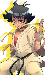 1girl black_hair choker commentary dougi highres karate_gi makoto_(street_fighter) martial_arts_belt red_sports_bra ribbon_choker short_hair showers-u solo sports_bra street_fighter tomboy yellow_choker