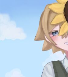 Rule 34 | 1boy, 4pm4unet, basil (faraway) (omori), basil (omori), blonde hair, blue eyes, blue sky, blush, cloud, collared shirt, day, flower, green sweater vest, looking at viewer, male focus, omori, open mouth, outdoors, shirt, short hair, sky, smile, solo, sunflower, sweater vest, thumbnail collage, upper body, white shirt