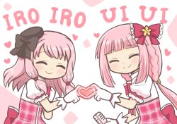 2girls ^_^ bad_id bad_twitter_id black_bow black_hat blunt_bangs blush bow braid closed_eyes closed_mouth cowboy_shot gloves hair_bow hat heart heart_hands heart_hands_duo idol_clothes kamiha_magica_idol_costume long_hair magia_record:_mahou_shoujo_madoka_magica_gaiden mahou_shoujo_madoka_magica microphone mini_hat multiple_girls pink_background pink_bow pink_hair puffy_short_sleeves puffy_sleeves reverse_(bluefencer) shirt short_sleeves siblings sidelocks sisters smile standing tamaki_iroha tamaki_ui white_background white_gloves white_shirt