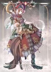 Rule 34 | 1girl, :3, absurdres, aries (zodiac), black dress, black gloves, black shoes, blue flower, blue rose, bob cut, bonnet, braid, braided bangs, brown hair, cross, cross print, curled horns, dress, erc, fake horns, floral print, floral print dress, flower, frilled bonnet, frilled dress, frills, full body, fur-trimmed dress, fur trim, gloves, green eyes, grey background, hair flower, hair ornament, hat flaps, high heels, highres, holding, holding staff, horned headwear, horns, key, long dress, looking down, multicolored dress, original, parted lips, print dress, puritan collar, red bonnet, red dress, rose, sheep horns, shepherd&#039;s crook, shoes, short hair, skirt hold, sleeves past fingers, sleeves past wrists, solo, staff, striped clothes, striped dress, zodiac