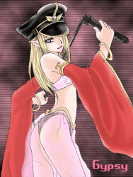 Rule 34 | 1girl, ass, bikini, black hat, blonde hair, blue eyes, brown background, character name, commentary request, cowboy shot, detached sleeves, from behind, gypsy (ragnarok online), harem pants, haruhana1104, hat, hat ornament, hat over one eye, holding, holding whip, long hair, looking at viewer, looking back, looking to the side, military hat, open mouth, pants, peaked cap, pointy ears, ragnarok online, red sleeves, see-through clothes, see-through pants, skull hat ornament, smile, solo, swimsuit, white bikini, white pants