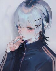 1girl black_hair blue_eyes blue_jacket cigarette closed_mouth colored_inner_hair commentary ear_piercing earrings grey_background grey_hair hair_ornament hairclip hand_up highres holding holding_cigarette jacket jewelry long_sleeves looking_at_viewer mizumi_zumi mole mole_under_eye multicolored_hair original piercing short_hair simple_background smoke smoking solo track_jacket upper_body wolf_cut x_hair_ornament