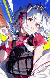 Rule 34 | 1girl, antenna hair, arknights, bulletproof vest, demon girl, demon horns, highres, horns, jacket, multicolored hair, open clothes, open jacket, orange eyes, red hair, red shirt, shirt, short hair, short sleeves, smile, solo, t-shirt, upper body, w (arknights), white hair, white jacket, zhili xingzou