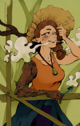 1girl art-crosternum artist_name breasts brown_hair commentary english_commentary green_background hat highres jewelry necklace orange_shirt pointy_ears potionomics saffron_(potionomics) shirt small_breasts smoke smoking smoking_pipe solo sun_hat sweat wooden_arm