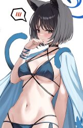 1girl absurdres animal_ears bikini black_eyes black_hair black_nails blue_archive blue_bikini blue_halo blush breasts cat_ears cat_girl closed_mouth commentary_request fingernails halo highres kikyou_(blue_archive) kikyou_(swimsuit)_(blue_archive) kurone_(kurone_ryuo) looking_at_viewer medium_breasts nail_polish navel official_alternate_costume short_hair simple_background solo spoken_blush stomach swimsuit white_background