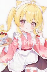 1girl :q ahoge animal_ears apron blonde_hair character_request cherry closed_mouth commentary copyright_request floral_print floral_print_kimono food frilled_apron frills fruit holding holding_food holding_tray japanese_clothes kimono long_hair long_sleeves looking_at_viewer maid maid_headdress pink_eyes pink_kimono print_kimono pudding sample_watermark sidelocks smile solo split_mouth spoon star_ahoge strawberry symbol-only_commentary tongue tongue_out toufu_mentaru_zabuton tray twintails wa_maid watermark white_apron white_background wide_sleeves