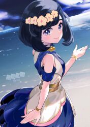 1girl abe_(kumayu) beach black_eyes black_hair closed_mouth dress eyelashes from_side highres looking_at_viewer nintendo ocean official_alternate_costume pokemon pokemon_masters_ex selene_(champion)_(pokemon) selene_(pokemon) short_hair smile solo