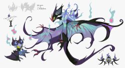 bat_(animal) chandelure claws commentary fire fusion gen_5_pokemon gen_6_pokemon highres kamikiririp litwick nintendo no_humans noibat noivern pokemon pokemon_(creature) purple_fire simple_background symbol-only_commentary tail white_background wings yellow_eyes
