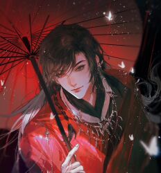 1boy black_eyes black_hair braid bug butterfly butterfly_earrings butterfly_necklace chinese_clothes closed_mouth earrings eyelashes glowing_butterfly hanfu heterochromia highres holding holding_umbrella hua_cheng insect jewelry keru233 light_particles long_hair long_sleeves looking_at_viewer male_focus necklace no_eyepatch oil-paper_umbrella rain raining_blood red_eyes red_hanfu red_theme red_umbrella side_braid single_braid smile solo tianguan_cifu umbrella upper_body white_butterfly yuanlingpao