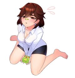 1girl animal bandaid bandaid_on_face bandaid_on_nose barefoot bethy black_shorts blush breasts brown_eyes brown_hair cleavage collarbone collared_shirt commentary commission english_commentary eyelashes full_body green_bandaid hair_between_eyes half-closed_eyes highres holding holding_animal holding_frog indie_virtual_youtuber large_breasts long_sleeves looking_to_the_side looking_up medium_hair nose open_mouth partially_unbuttoned shirt shorts simple_background sitting solo susu_awoo thighs toes tomboy virtual_youtuber wariza white_background white_shirt
