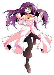 1girl asakura_rikako black_socks bow bow_hairband bowtie breasts brown_pants brown_shoes coat commentary_request curtained_hair dairi floating_clothes floating_hair full_body glasses hairband hands_up highres large_variant_set leg_up loafers long_coat long_hair long_sleeves looking_at_viewer medium_breasts open_mouth outstretched_arms pants phantasmagoria_of_dim.dream pince-nez pink_bow pink_coat pink_hairband pink_shirt purple_eyes purple_hair shaded_face shirt shoes simple_background smile socks solo tachi-e touhou touhou_(pc-98) transparent_background v-shaped_eyebrows variant_set very_long_hair yellow_bow yellow_bowtie