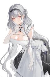 1girl absurdres apron azur_lane black_skirt breasts cleavage cleavage_cutout closed_mouth clothing_cutout cross-shaped_pupils dress elbow_gloves flantia frilled_dress frilled_skirt frills gloves grey_hair highres large_breasts leaning_forward light_smile long_hair looking_at_viewer maid maid_apron maid_headdress red_eyes scylla_(azur_lane) simple_background skirt smile solo symbol-shaped_pupils very_long_hair white_apron white_background white_dress white_gloves