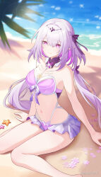 1girl alternate_costume beach bikini breasts castorice_(honkai:_star_rail) chinese_commentary commentary_request dated highres honkai:_star_rail honkai_(series) long_hair medium_breasts miyoushe_watermark navel ocean outdoors pointy_ears purple_bikini purple_eyes purple_hair sand smile solo stomach swimsuit thighs tianmeng very_long_hair watermark