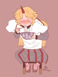 1girl blonde_hair bowl brown_background brown_sandals chair chopsticks closed_eyes commentary_request cone_horns eating food full_body geta grey_skirt holding holding_chopsticks horns hoshiguma_yuugi layered_sleeves long_hair long_sleeves noodles onikobe_rin parted_bangs ramen red_horns red_skirt sandals shirt short_over_long_sleeves short_sleeves simple_background single_horn skirt solo striped_clothes striped_skirt touhou vertical-striped_clothes vertical-striped_skirt white_shirt