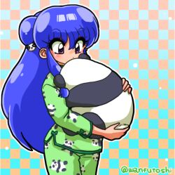1girl absurdres bell bowl breasts chinese_clothes double_bun dress food hair_bell hair_bun hair_ornament highres long_hair looking_at_viewer noodles panda purple_hair ramen ranma_1/2 red_dress red_eyes red_shoes shampoo_(ranma_1/2) shoes sidelocks wanta_(futoshi)
