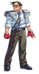 Rule 34 | 1boy, absurdres, armor, balding, belt, breast pocket, brown hair, collared shirt, edaki shin&#039;ya, fingerless gloves, full body, game cg, glasses, gloves, highres, justice gakuen, looking to the side, male focus, moero! justice gakuen, necktie, non-web source, official art, pants, pocket, red gloves, shimazu hideo, shirt, shoulder armor, simple background, sleeves rolled up, solo, standing, striped necktie, teacher, watch, white background, wristwatch
