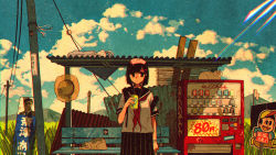 1girl backpack bag bench black_eyes black_hair black_sailor_collar black_skirt blue_sky brown_cat bug can cat chromatic_aberration closed_mouth cloud commentary corrugated_galvanized_iron_sheet day english_commentary film_grain flag grass hair_ornament hairclip hand_up handkerchief hat highres holding holding_can looking_at_viewer mixed-language_commentary mountain neckerchief original outdoors plank pleated_skirt power_lines red_neckerchief romaji_text sailor_collar school_uniform serafuku shirt short_hair short_sleeves sign skirt sky solo standing straight-on strap_slip straw_hat tororotororo translation_request unworn_hat unworn_headwear utility_pole vending_machine white_cat white_flag white_shirt x_mouth