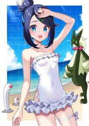 1girl arm_up armpits bare_shoulders beach black_hair blue_eyes blue_hair blue_sky blush covered_navel cowlick frilled_one-piece_swimsuit frills hair_ornament hairclip liko_(pokemon) loli looking_at_viewer meowscarada multicolored_hair navel nintendo one-piece_swimsuit open_mouth pokemon pokemon_(anime) pokemon_(creature) pokemon_horizons reisui_(sui_neko22) shirt short_hair sky smile strapless strapless_one-piece_swimsuit sweat sweatdrop swimsuit water wet white_one-piece_swimsuit wiglett