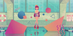 Rule 34 | 1girl, baseball cap, blue shorts, closed eyes, commentary, english commentary, floating, full body, glitch, hat, highres, jacket, memphis design, off shoulder, open clothes, open jacket, original, pool, reflection, shoes, short hair, shorts, sneakers, solo, teo skaffa, tile wall, tiles, vaporwave, water, window
