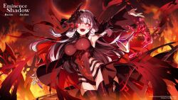 1girl artist_request black_leotard black_sleeves breasts colored_sclera copyright_notice detached_sleeves eta_(kage_no_jitsuryokusha_ni_naritakute!) fire glowing glowing_eyes hair_tubes highres holding holding_test_tube kage_no_jitsuryokusha_ni_naritakute! kage_no_jitsuryokusha_ni_naritakute!_master_of_garden leotard logo long_hair official_art open_mouth red_sclera smile solo test_tube thighhighs vial weapon white_eyes white_hair