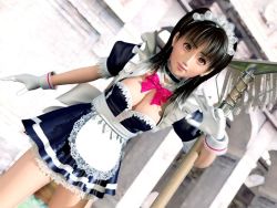 1girl 3d black_hair breasts brown_eyes choker earrings female_focus flear gloves incise_soul jewelry m-rs maid mop outdoors ribbon solo standing twintails