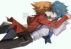 Rule 34 | 2boys, between legs, between thighs, black pants, black shirt, blue hair, blue vest, brown eyes, brown hair, cocaduel, denim, dress shirt, facing another, facing to the side, frilled sleeves, frills, green eyes, hair slicked back, hand on another&#039;s back, hand on another&#039;s waist, heads together, highres, holding hands, interlocked fingers, jacket, jeans, johan andersen, leaning back, leaning forward, leaning on person, looking to the side, lying, male focus, multiple boys, on back, on ground, one eye closed, open clothes, open jacket, open vest, pants, popped collar, red jacket, shirt, smile, spread legs, vest, watermark, white background, white shirt, yu-gi-oh!, yu-gi-oh! gx, yuki judai