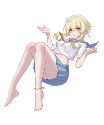 1girl barefoot blonde_hair blue_skirt blush breasts crop_top djinchnizhnsh1 feet flower genshin_impact hair_between_eyes hair_flower hair_ornament highres long_hair looking_at_viewer lumine_(genshin_impact) midriff neckerchief shirt skirt solo toes white_background white_flower white_shirt yellow_eyes yellow_neckerchief