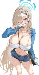1girl absurdres adjusting_hair asuna_(blue_archive) bag blonde_hair blue_archive blue_cardigan blue_eyes blue_halo blush breasts camisole cardigan cellphone cleavage commentary crop_top cutoffs denim denim_shorts earrings from_above grin hair_ornament hair_over_one_eye hairclip halo handbag highres holding holding_phone jewelry large_breasts long_hair navel necklace open_cardigan open_clothes phone runfufu shorts simple_background smartphone smile solo standing stomach symbol-only_commentary very_long_hair white_background white_camisole