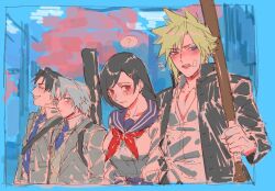 1girl 3boys ? angeal_hewley angeal_hewley_(shinra_private_academy) averting_eyes bandaid bandaid_on_cheek bandaid_on_face baseball_bat black_hair black_jacket blonde_hair blue_eyes blue_necktie blue_sailor_collar blue_sky blush breasts cherry_blossoms cloud cloud_strife cloud_strife_(midgard_seventh_high_school) cloudy_sky collarbone embarrassed final_fantasy final_fantasy_vii final_fantasy_vii_ever_crisis flying_sweatdrops grey_hair grey_jacket hair_ornament hairclip hashtag-only_commentary holding holding_baseball_bat jacket large_breasts long_hair long_sleeves looking_at_another multiple_boys neckerchief necktie official_alternate_costume open_clothes open_jacket open_mouth outdoors parted_bangs red_eyes red_neckerchief sailor_collar school_uniform sephiroth sephiroth_(ever_crisis) sephiroth_(shinra_private_academy) serafuku shirt short_hair sky spiked_hair spoken_question_mark sundayauruu sweater_vest tifa_lockhart tifa_lockhart_(midgard_seventh_high_school) upper_body white_serafuku white_shirt