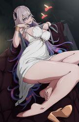 1girl absurdres bare_shoulders blue_eyes blue_hair blush breasts candle commentary daydarion dress english_commentary full_body grey_hair heart heart-shaped_pupils highres indoors large_breasts looking_at_viewer mole mole_under_mouth multicolored_hair nail_polish pochimaru_(vtuber) red_nails sleeveless sleeveless_dress smile solo symbol-shaped_pupils white_dress