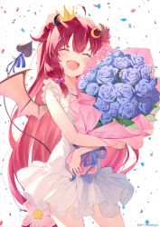 1girl 2017 :d ^_^ ahoge bare_arms bare_shoulders bat_hair_ornament beads blue_flower blue_ribbon blush bouquet closed_eyes commentary confetti cowboy_shot crescent crescent_hair_ornament crown demon_girl demon_tail demon_wings double_bun dress fang female_focus flower hair_beads hair_between_eyes hair_bun hair_ornament happy highres holding holding_bouquet horns long_hair mini_crown nijisanji nyum open_mouth red_hair ribbon simple_background skin_fang sleeveless sleeveless_dress smile solo symbol-only_commentary tail tail_ornament tail_ribbon very_long_hair virtual_youtuber white_background white_dress wings yuzuki_roa