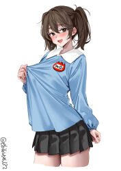 Rule 34 | 1girl, alternate costume, black skirt, blue shirt, blush, brown eyes, brown hair, collared shirt, commentary request, cropped legs, ebifurya, hair between eyes, highres, kantai collection, kindergarten uniform, long hair, long sleeves, looking at viewer, name tag, one-hour drawing challenge, open mouth, pleated skirt, puffy long sleeves, puffy sleeves, ryuujou (kancolle), shirt, simple background, skirt, solo, sweat, twintails, twitter username, white background