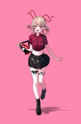 1girl absurdres black_boots black_bow black_skirt blonde_hair blush boots bow chain commentary_request cropped_shirt drawn_blush drawn_ears full_body hair_rings highres lace-up_boots leg_tattoo leg_up looking_at_viewer makaino_ririmu midriff miniskirt multicolored_hair navel nijisanji open_mouth pink_background pink_hair pointy_ears red_eyes red_shirt shadow shirt simple_background skirt solo streaked_hair tattoo teeth tone_haruma two-tone_hair upper_teeth_only virtual_youtuber