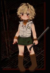 1girl animification artist_name bare_shoulders blonde_hair blood blood_on_clothes blood_on_face blood_on_leg boots bracelet brown_boots brown_eyes closed_mouth denim denim_skirt fence flashlight freckles green_skirt grey_vest heather_mason highres holding holding_lead_pipe j2citrus jewelry lead_pipe looking_at_viewer orange_sweater pocket short_hair silent_hill_(series) silent_hill_3 skirt sleeveless sleeveless_turtleneck solo sweater turtleneck turtleneck_sweater vest