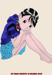 00s 1girl 2006 barefoot black_eyes black_hair blue_hoodie blue_panties blue_skirt braid dated feet female_focus hair_ribbon hayashibara_hikari head_on_knees hood hoodie loli long_hair looking_at_viewer open_mouth panties pantyshot ribbon short_sleeves simple_background sitting skirt solo tan_background toes twin_braids underwear
