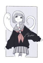 Rule 34 | 1girl, black sweater, bob cut, closed mouth, cowboy shot, ghost, grey hair, grey sailor collar, grey skirt, highres, long sleeves, looking at viewer, miniskirt, neckerchief, omochi noa, original, outside border, pleated skirt, red neckerchief, sailor collar, school uniform, serafuku, signature, skirt, sleeves past wrists, smile, standing, sweater