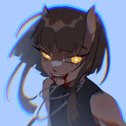 1girl bare_shoulders black_shirt blood blood_from_mouth blue_background blunt_bangs blunt_ends bright_pupils brown_hair chromatic_aberration commentary dark-skinned_female dark_skin demon_horns english_commentary evil_smile eyelashes floating_hair highres horns jewelry mole mole_under_eye necklace open_mouth original shaded_face shirt short_hair_with_long_locks simple_background skin-covered_horns sleeveless sleeveless_shirt smile solo teeth upper_body white_pupils wikate yellow_eyes