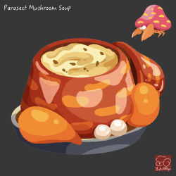 artist_logo artist_name character-themed_food character_name creatures_(company) food food_focus food_name game_freak gen_1_pokemon grey_background highres logo nintendo no_humans parasect pokemon simple_background soup yuki00yo