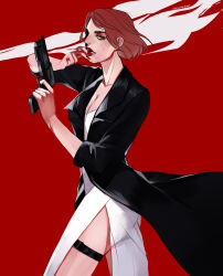 Rule 34 | 1girl, black jacket, breasts, cleavage, commander shepard, commander shepard (female), dress, gun, highres, holding, holding gun, holding weapon, jacket, mass effect (series), smoking, solo, solo focus, tumblr, vacuumchan, weapon, white dress