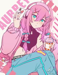 Rule 34 | 1girl, absurdres, animal charm, animal ear headphones, animal ears, aqua bow, aqua eyes, aqua nails, aubrey (birthday) (omori), aubrey (faraway) (omori), aubrey (omori), bag, bailan1130, belt, black belt, black shirt, blue pants, blush, bow, braid, breasts, cellphone, character name, charm (object), closed mouth, clothes writing, copyright name, crop top, cropped shirt, cup, cupcake bunny (omori), denim, disposable cup, double-parted bangs, drinking straw, expressionless, fake animal ears, feet out of frame, frown, hair between eyes, hair bow, hair ornament, hair over shoulder, halftone, halftone background, handbag, hands up, headphones, highres, holding, holding cup, holding phone, jacket, jeans, jewelry, leaning forward, long hair, long sleeves, looking at viewer, midriff, milkshake, multicolored nails, navel, official alternate costume, official alternate hairstyle, omori, open clothes, open jacket, pants, phone, pink bag, pink hair, pink jacket, pink nails, puffy long sleeves, puffy sleeves, rabbit ear headphones, ring, shirt, shoulder bag, simple background, single bare shoulder, sitting, sleeveless, sleeveless shirt, small breasts, smartphone, solo, star (symbol), twin braids, white background, white nails