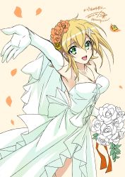 1girl akatsuki_kirika blonde_hair bouquet dress flower gloves green_dress green_eyes highres kanna_(plum) senki_zesshou_symphogear short_hair veil wedding_dress